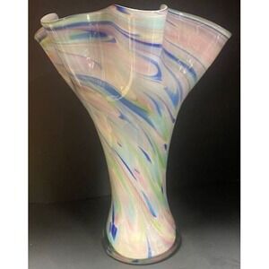 Vintage Burton &Burton Hand Blown Art Glass Ruffled Edge Multicolor Swirled Vase